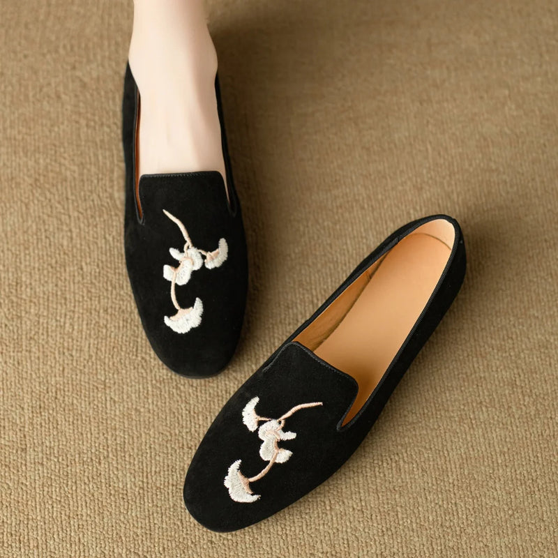 Embroidery Suede Loafers