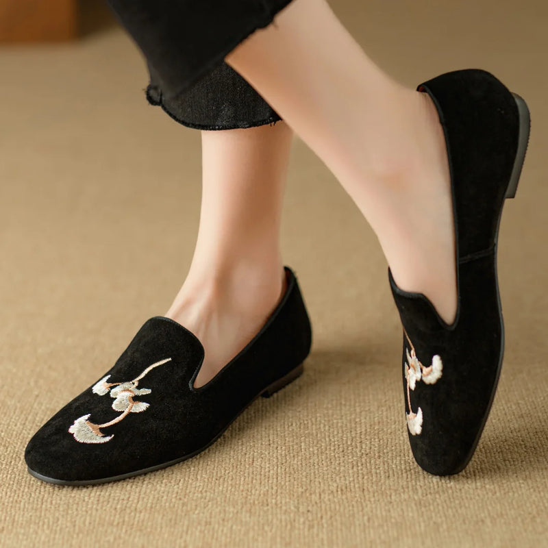 Embroidery Suede Loafers