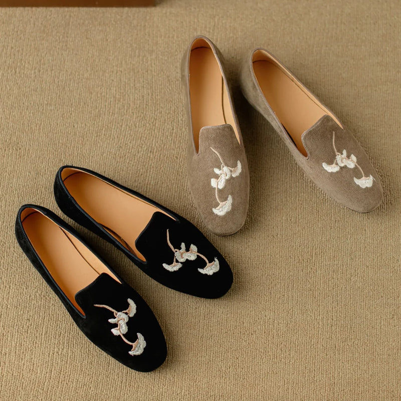 Embroidery Suede Loafers