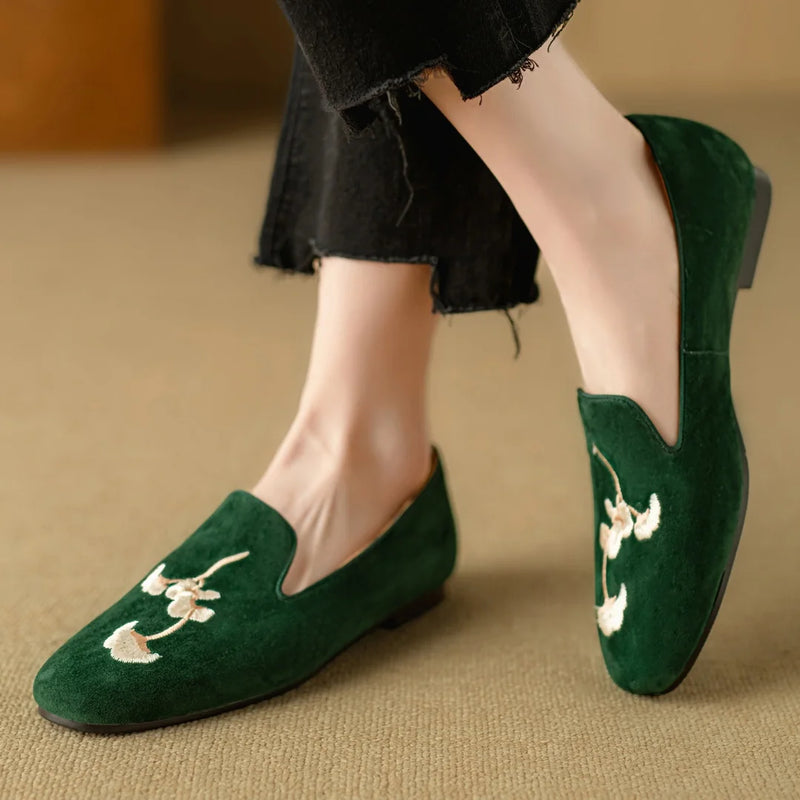 Embroidery Suede Loafers