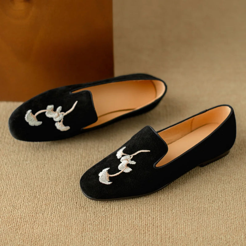 Embroidery Suede Loafers