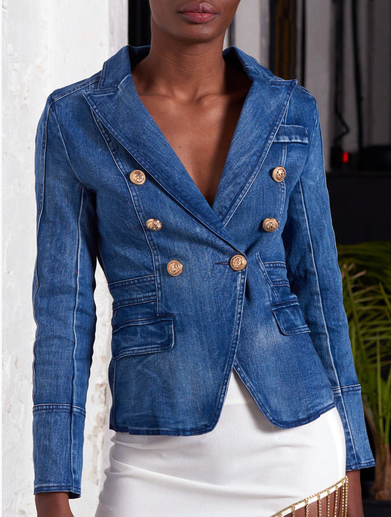 Blue Denim Double Breasted Blazer Outfits For Women (2 ideas & outfits) |  Lookastic